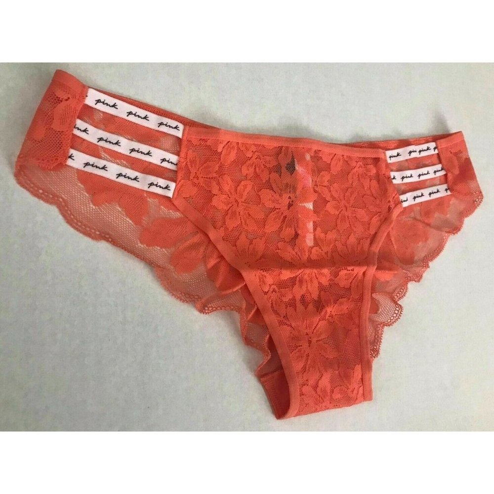NEW Victoria's Secret Orange Floral Lace White Logo Strappy Cheeky Panty XL